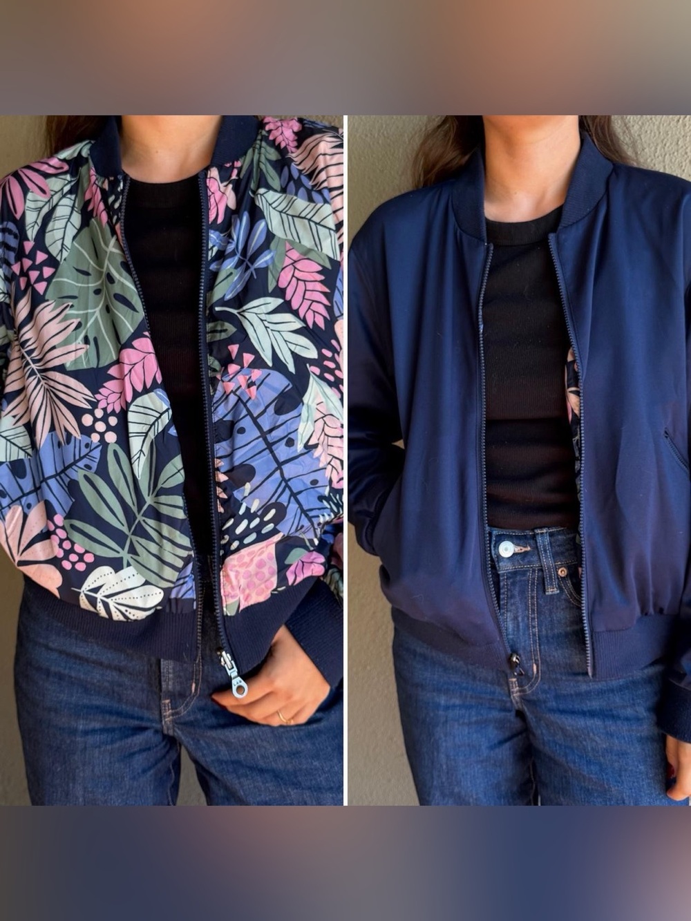 JoyLab Navy Reversible Bomber Jacket with Floral Print Medium